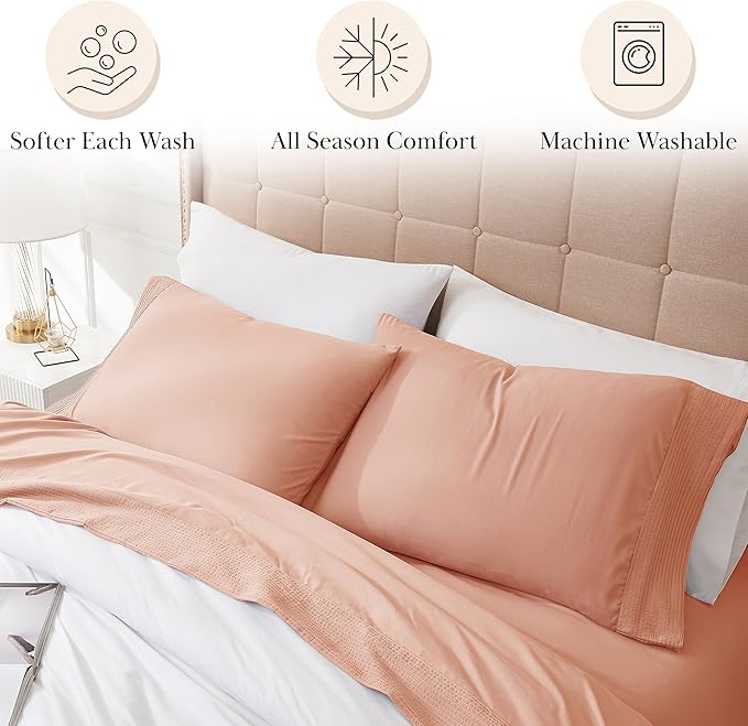 Southshore Fine Living, Inc. Pleated Hem, 4-Piece Full Sheet Set, 21-Inch Deep Pocket Bed Sheets Full Size Set, Machine Washable, Fitted Sheet, Oversized Flat, Pillow Cases Set of 2, Blush Sheets