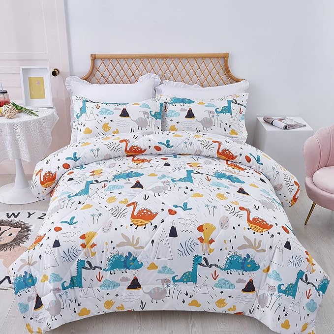 JSD Dinosaur Kids Comforter Set for Boys Girls, 3 Piece Full Microfiber Comforter with Pillow Sham, Lightweight All Season Washable