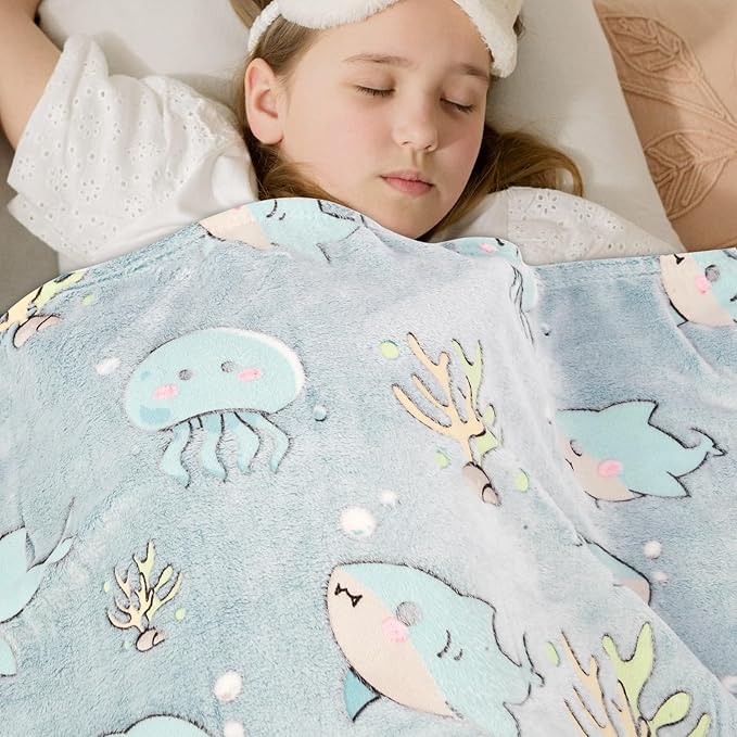 Glow in The Dark Blanket Shark Pattern for Unique Birthday Gifts for Girls Boys Teens, Lightweight Soft Cozy Warm Fuzzy 50"×60" Blue