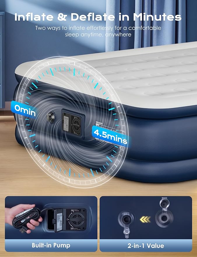 Air Mattress Queen with Built in Pump Raised, 18'' High Inflatable Mattress Electric Blow Up Mattress Fast Blow Up Bed Tall Comfortable Airbed for Camping, Home Guests, Travel w/ Carry Bag 650Lbs Max