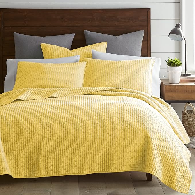 Levtex Home Cross Stitch Reversible Full/Queen Quilt Set (88x92in) with 2 Pillow Shams (26x20in) - Stitch Texture - Yellow - Cotton Full/Queen Size Quilt Bedding Set - Lightweight, Soft, Pre-Washed