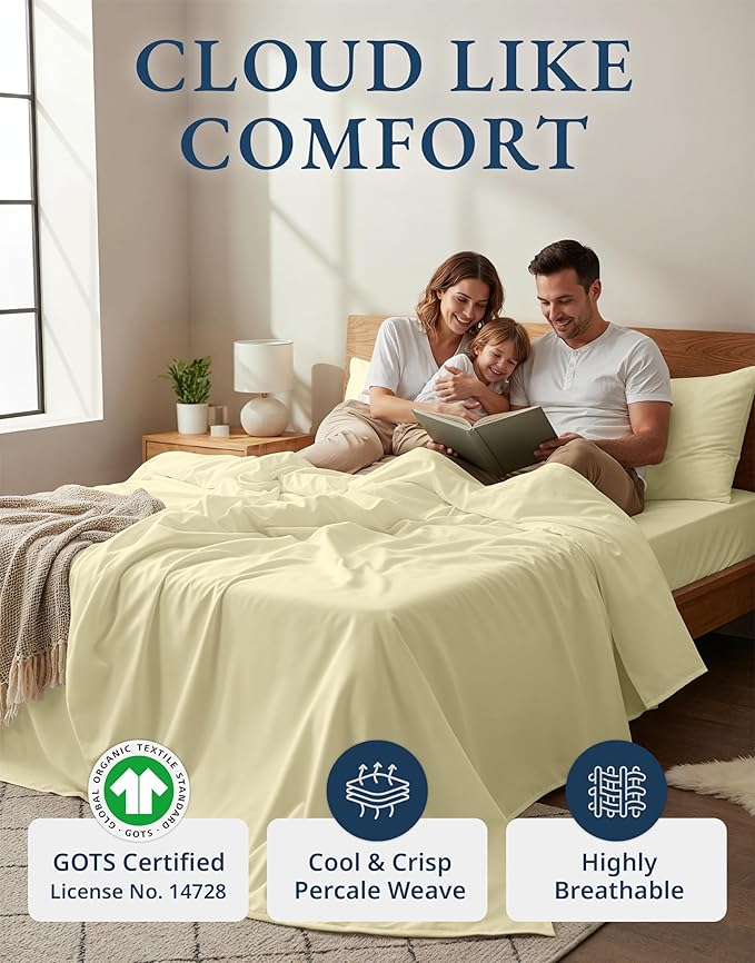 LANE LINEN 100% Organic Cotton Sustainably Produced Twin XL Bed Sheets, Mercerized Fully Elasticized Percale Perfect for Hospital Bed & Dorm Room, Reinforced Seams Twin XL Sheets-Vanilla
