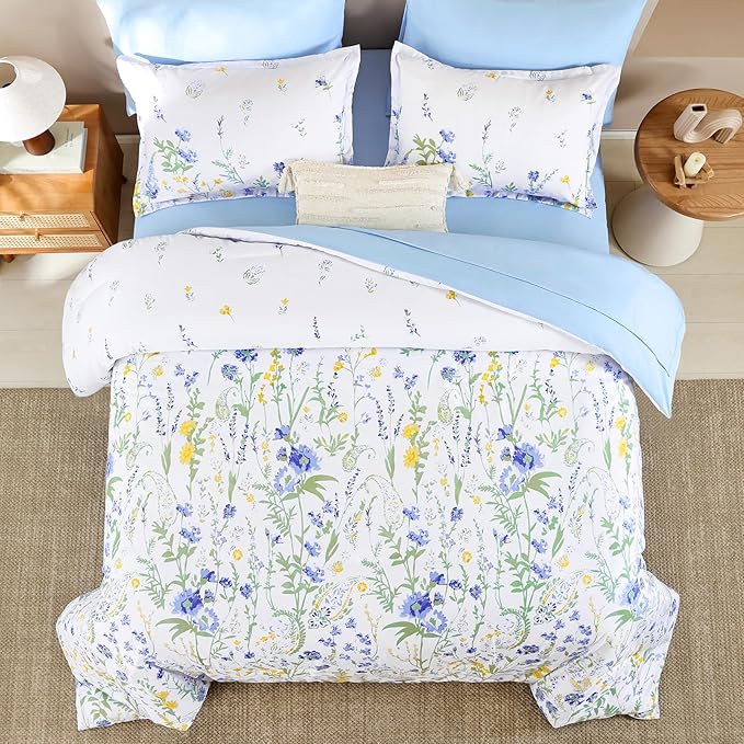 Yiran Blue Floral Comforter Set King Size, 7 Piece Watercolour Botanical Comforter Bedding Set, Bed in a Bag King, Soft Microfiber Complete Bedding Set with Sheets for All Season