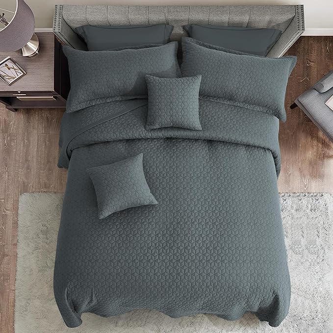 Oversized King Bedspread 128x120 Extra Wide, Modern & Contemporary Look, Lightweight Bedding Cover, Reversible, 5 Piece, 100% Microfiber, Silver Grey