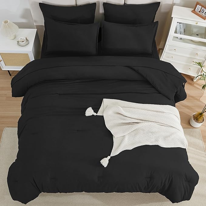 Litanika Twin Comforter Sets Black - 5 Pieces Bed in a Bag Beddding Sets, Solid Lightweight Bed Set with Comforter, Sheets, Pillowcase & Sham
