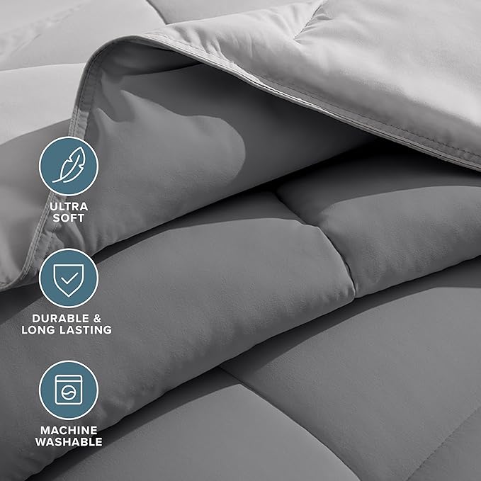 Bare Home Reversible Bed-in-A-Bag Comforter & Sheet Set - Full Extra Long - Down Alternative - Soft - Bedding Set (Full XL, Grey/Light Grey, Black)