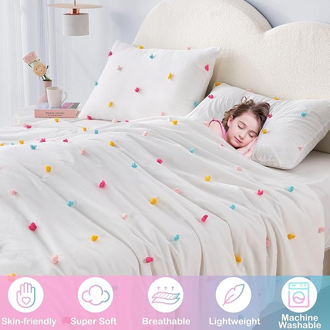 Full Size Kids Comforter Set Colorful Tufted Pom Pom Bedding Set for Girls 3 Piece White Boho Jacquard Quilt Bed in A Bag Lightweight Duvet Bed Set for Kids Teen Girls Bedroom Decor with 2 Pillowcase | Colorful Tufted Dots, Full Comforter Set, Kids Com...