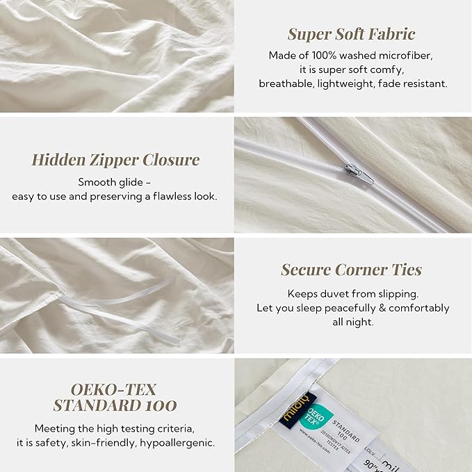 MILDLY Super Soft Duvet Cover - 100% Washed Microfiber Off White Comforter Cover Set 3 Pieces with Zipper Closure & Corner Ties