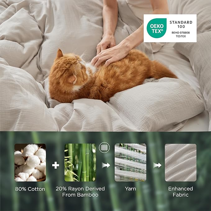 Bedsure Muslin Duvet Cover Queen Size - Cotton Blend Rayon Derived from Bamboo, Cooling Duvet Covet for Hot Sleepers - Ultra-Soft & Breathable Bedding Set for All Seasons(Linen, 90"x90")