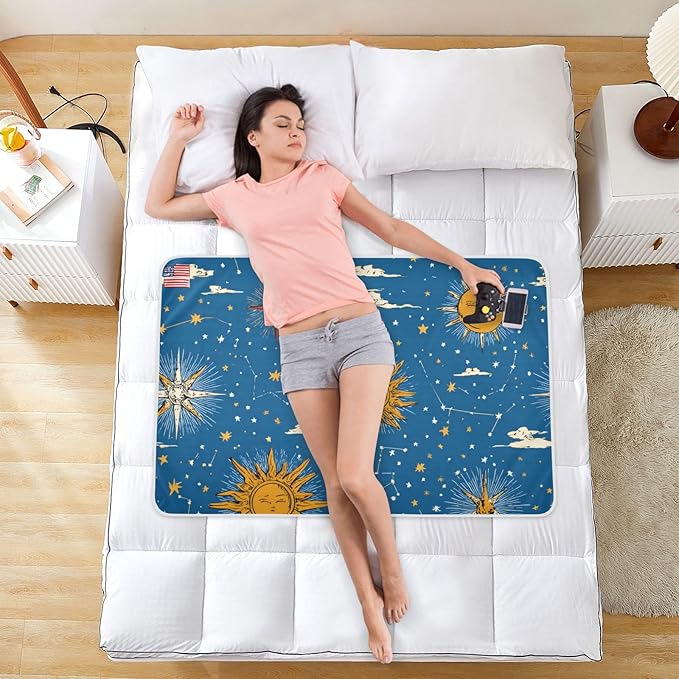 Waterproof Bed Pad Reusable Changing Pad Toddler Mattress Protector Large Pee Pad Baby Diaper Pad Soft Washable Liner Moon Sun Blue