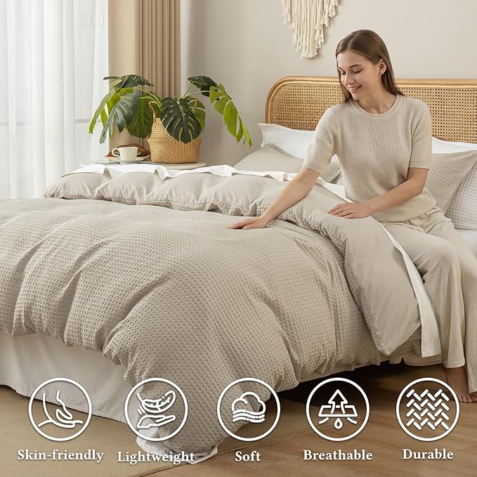 David's Home Waffle Weave Duvet Cover Set Twin Size,Soft Breathable 2pcs Comforter Cover Set with 1 Pillowcase,Textured Home Decor Bedding Set Cozy for All Seasons, Nature 68"×90",No Comforter