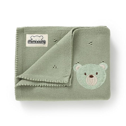 mimixiong Organic Cotton Baby Blanket Neutral Knitted Soft Crib Nursery Swaddling Receiving Blankets for Newborn Baby Boy Girl 40x30 Inch (Green)