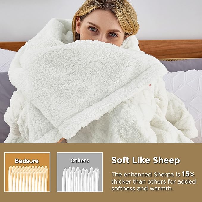 Bedsure Gentlesoft Sherpa Queen Size Blanket for Bed - Fleece Fluffy & Cozy Cable Jacquard Tufted for Women Gift, Thick and Warm Christmas Blanket for Winter, Cream, 90x90 Inches