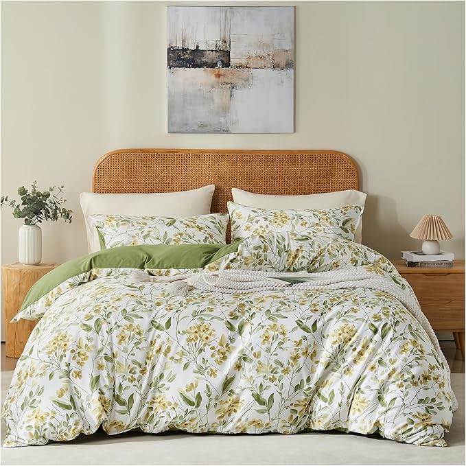 Green Floral Duvet Cover Set Twin Size Farmhouse Bedding Set Microfiber Soft Breathable Reversible Comforter Cover Alternative Down Cottage Bedroom Country Garden Aesthetic Home Bedding Décor
