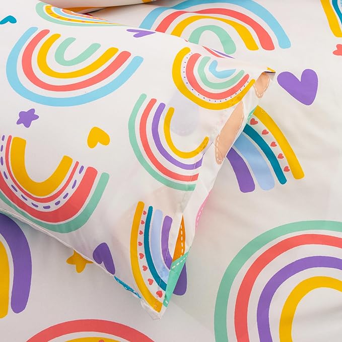 Btargot 3 Piece Kids Rainbow Comforter Set with 2 Pillow Covers, Cartoon Love Hearts Suns and Stars Bedding Set for Girls Boys, Queen Beige
