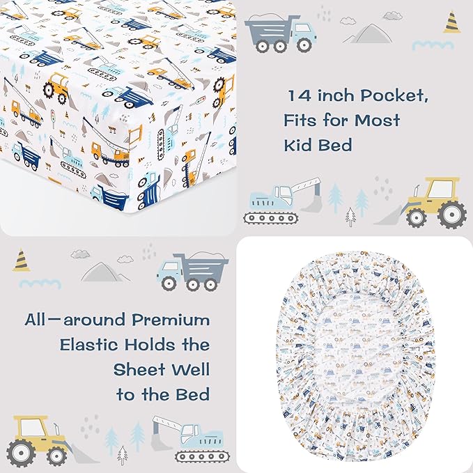 Kids Sheet Set Full Size, Boys Full Sheet Set with White Car Pattern，Breathable Silky Soft Microfiber Kids Fitted Sheet