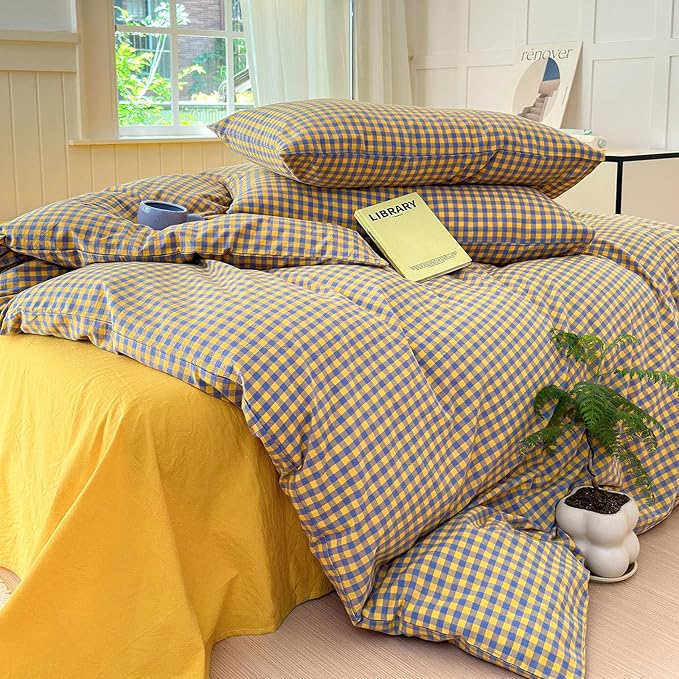 LifeTB Gingham Comforter Set Twin XL Modern Style Purple Yellow Plaid Comforter Set 3 Pieces Soft Fluffy Grid Checkered Pattern Comforter with 2 Pillowcases Farmhouse Gingham Bedding Set Twin XL