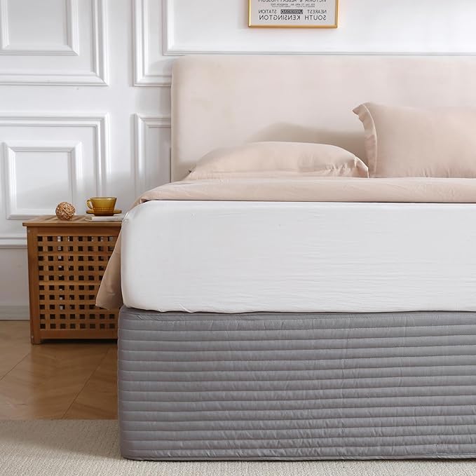 Full Size Gray Bed Skirt with 14-Inch Drop, Easy Fit Wrap-Around Cover for Bed, Wrinkle-Free and Fade-Resistant Box Spring Cover. (Gray Stripes, Full)