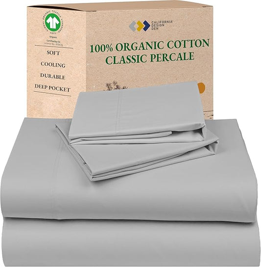 California Design Den Full Size Sheets Set - Soft 100% Organic Cotton Sheets with Deep Pockets, Crisp Percale, Breathable and Durable Bedding Set - Light Grey