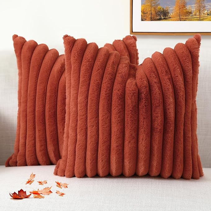 decorUhome Cozy Faux Fur Spring Throw Pillow Covers 16x16 Set of 2 Decorative Soft Plush Striped Modern Farmhouse Boho Couch Pillow Cases with Velvet Back for Sofa Bed Living Room, Rust