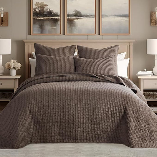 Levtex Home Cross Stitch Reversible King Bedspread Set (120x104in) with 2 Pillow Shams (36x20in) - Stitch Texture - Cocoa - Cotton King Size Bedspread Set - Soft, Pre-Washed