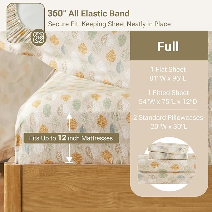 True North by Sleep Philosophy Cozy Flannel Warm 100% Cotton Sheet - Novelty Print Animals Stars Cute Ultra Soft Cold Weather Bedding Set, Full, Multi Leaves 4 Piece