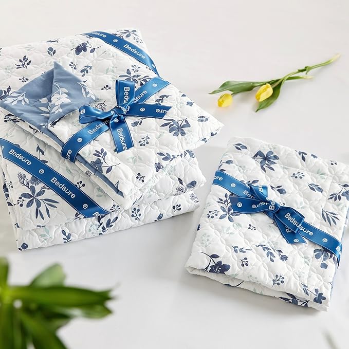 Bedsure Floral Quilt Queen Size - Reversible Blue & White Quilt Bedding, Daisy Design Bedspread Microfiber Lightweight Coverlet for All Seasons (90"x96")