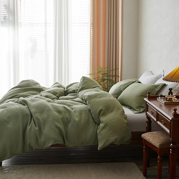 Simple&Opulence 100% Washed Linen Duvet Cover Set 68"x86" - 2 Pieces Soft Farmhouse Comforter Set Double Embroidered with Button Closure - 1 Duvet Cover and 1 Pillowsham (Sage Green, Twin)