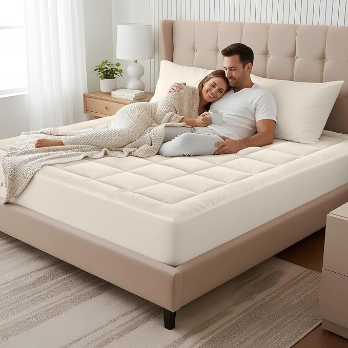 OLANLY Cal King Quilted Fitted Mattress Pad, Elastic Fitted Mattress Topper, Cooling Soft Mattress Cover Stretches up to 21 Inches Deep, Machine Washable Mattress Protector (72x84 inch, Ivory White)