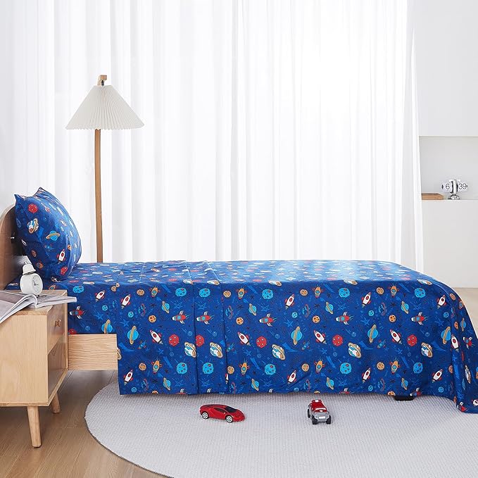 Kids Sheet Set Full Size, Full Sheet Set with Space Universe Pattern，Breathable Silky Soft Microfiber Kids Fitted Sheet