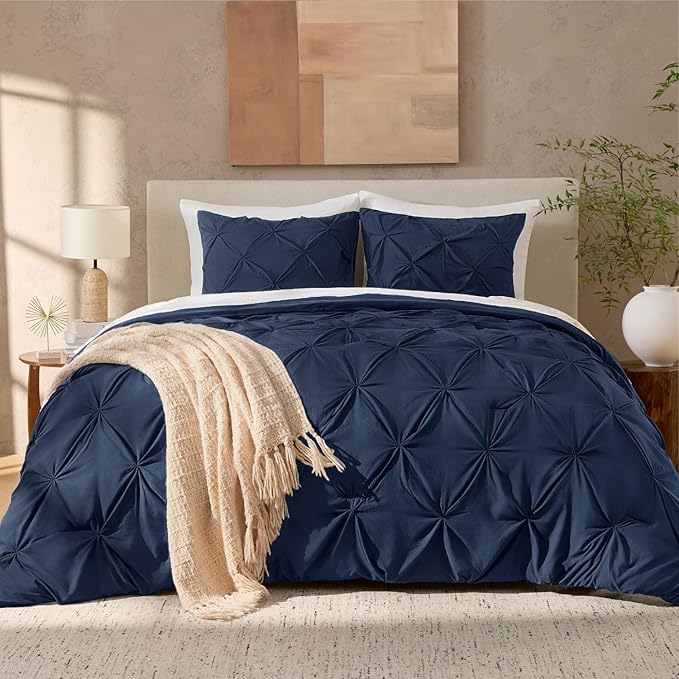 Andency Navy Blue Pinch Pleat Comforter Twin(66x90Inch), 2 Pieces(1 Pintuck Comforter, 1 Pillowcase) Microfiber Pintuck Comforter Set Down Alternative Comforter Bedding Set