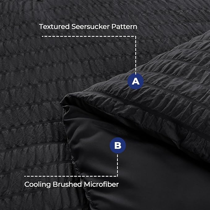 HYMOKEGE Black Duvet Cover Full Size, Ultra Soft 3-Piece Seersucker Duvet Cover Set with Zipper Closure, Soft Brushed Microfiber Bedding Set with 8 Corner Ties (80"x90", 2 Pillowshams)
