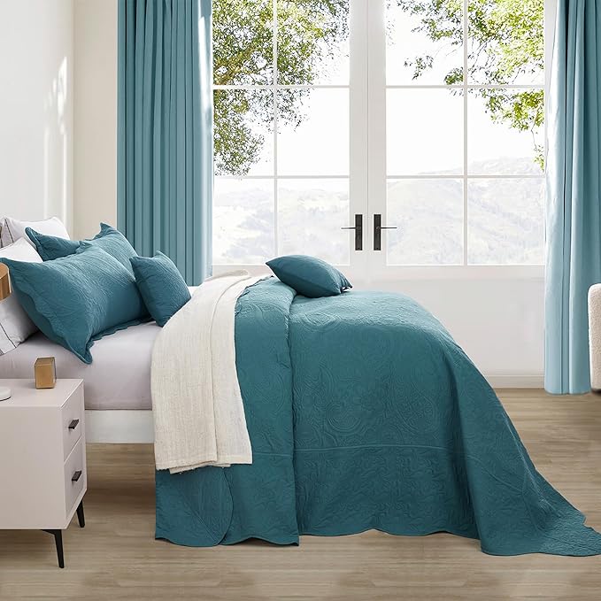 Oversized King Bedspread, Ultrasonic Lightweight Bedding Cover, Paisley Pattern, Reversible, 5 Piece, 100% Microfiber, Lagoon