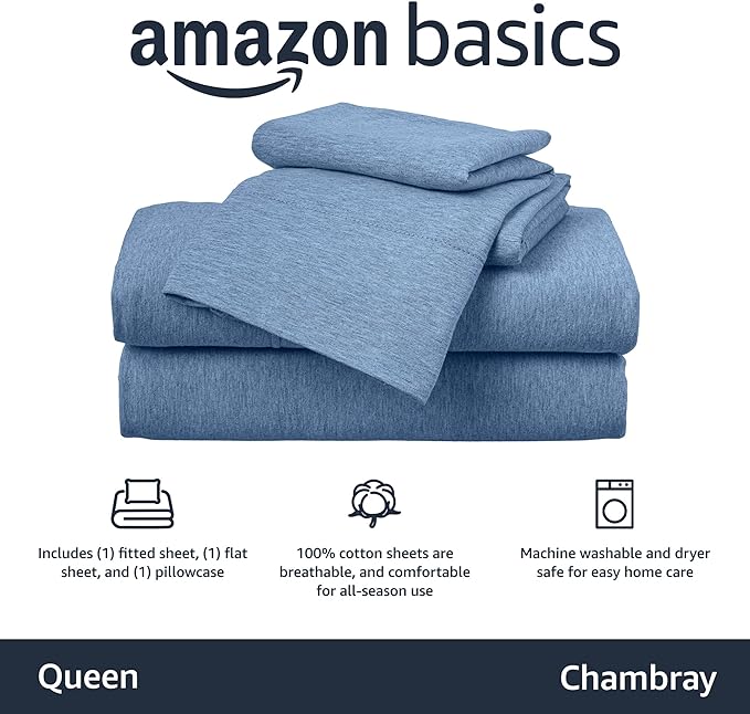 Amazon Basics 4 Piece Breathable Cotton Jersey Knit Bed Sheet Set with Deep Pockets, Stretchy Sheets, Queen, Chambray