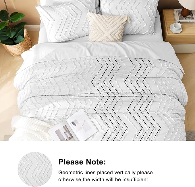 Litanika White Comforter King Size Set with Sheets - 7 Pieces Boho Bed in a Bag Chevron Tufted Complete Bedding Sets Lightweight All Season Bed Set with Comforter, Sheets, Pillowcases & Shams