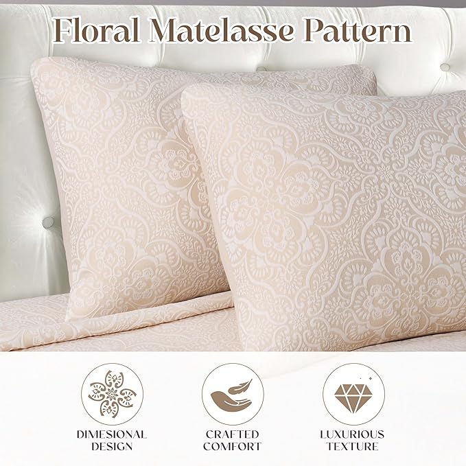 Superior 3 Piece Bedspread Set, Home Bed Decor, Decorative Bed Spread, 2 Pillow Shams, Medium Weight Blanket, Floral Matelasse Coverlet, Bedding Essentials, Enzy Collection, Queen, Ivory