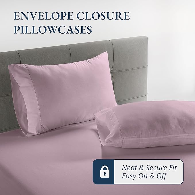 LANE LINEN Twin XL Fitted Sheet, 100% Organic Cotton 2-Piece Set (1 Fitted Sheet, 1 Pillowcase), Percale Weave, Bottom Sheet, Soft, Breathable, Fits Mattress Upto 15" Deep - Lilac (No Flat Sheet)