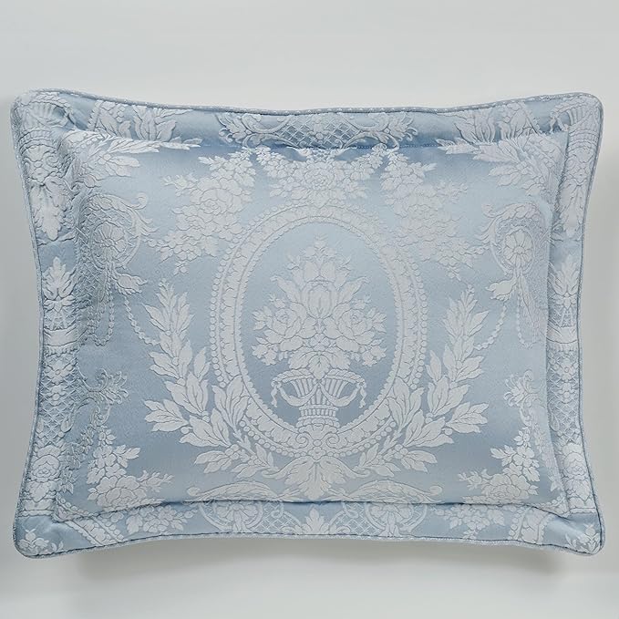Contessa Luxury Bedding | Iced Platinum and Pastel Powder Blue | Puff Jacquard-Woven Traditional Floral Bouquet and Swag Motifs | 4 Piece Set includes Cal King Comforter, Bedskirt, and 2 King Shams