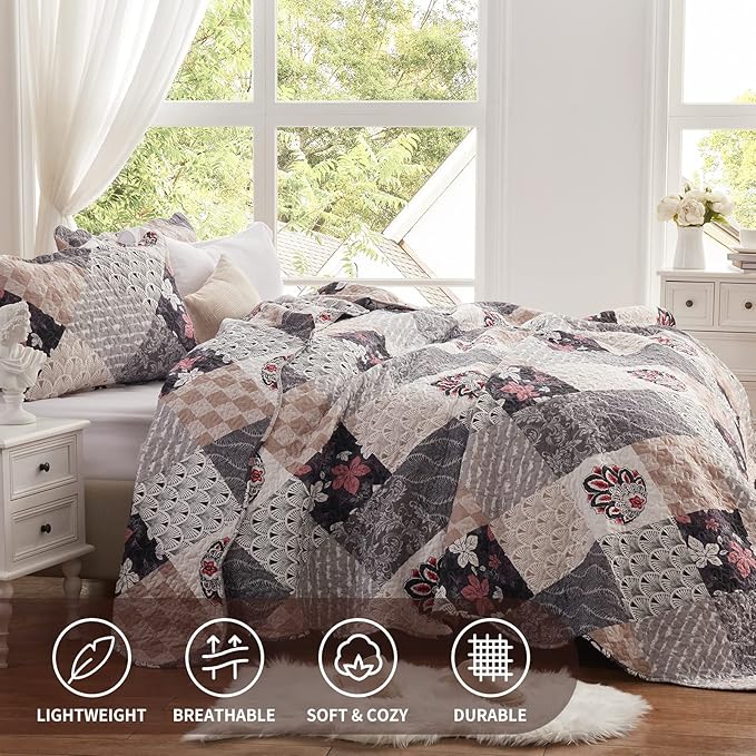 King Size Quilt Set 3 Pieces Lightweight Reversible Bedspread-98''x106'' Soft Patchwork Floral Coverlet Luxurious Warm Microfiber Bed Cover All Seasons Gray Bedding Set(1 Quilt,2 Pillow Shams)