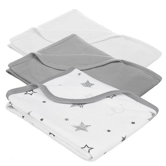 American Baby Company 100% Cotton Thermal Waffle Swaddle Blanket Combo (30" x 40"), Soft, Breathable & Stretchy, Gray Star, Gray, and White, for Boys and Girls, Perfect for Swaddling and Travel