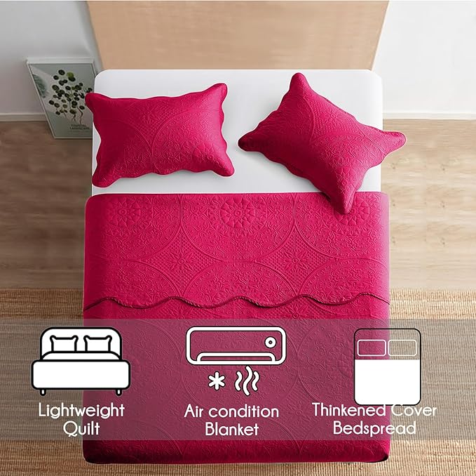 MOONLIGHT20015 California King Quilt Bedding Set Size (118"x106") + 2 Pillow Shams (20" x 36"+ 2") - 3 Pcs All Season Reversible Microfiber Coverlet Embossed Floral Quilt Bedspread (Pink)