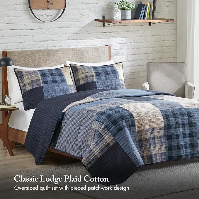 WOOLRICH Quilt Set Patchwork Channel Quilting, Cottage Coverlet for Twin Size Bed All Seasons, Lightweight Prewashed Cotton Coverlet Bedspread, Shams, Winter Hills, Oversized Twin/Twin XL Blue 2 Piece