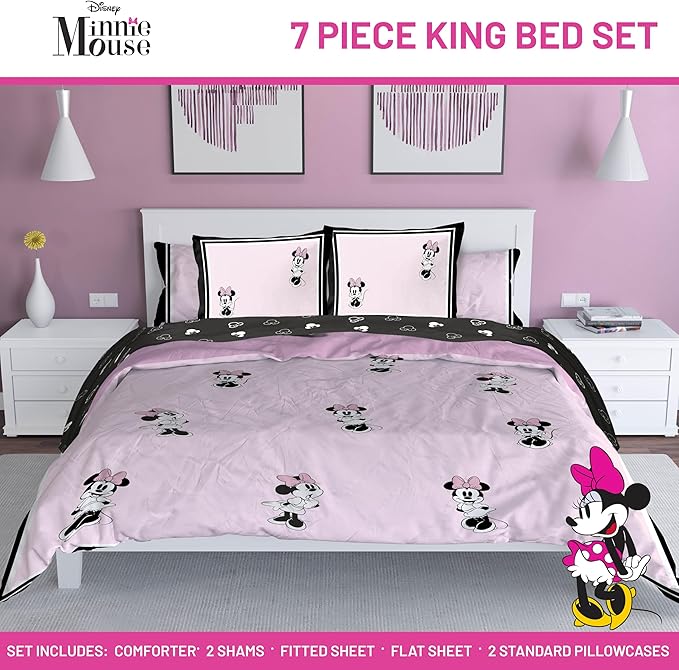 Jay Franco Kids Comforter Set Includes Sheets and Pillow Covers - Soft and Cozy Bed Set for Stylish Room Decor, Official Licensed Bedding, Multi - Minnie Mouse, 7 Piece King
