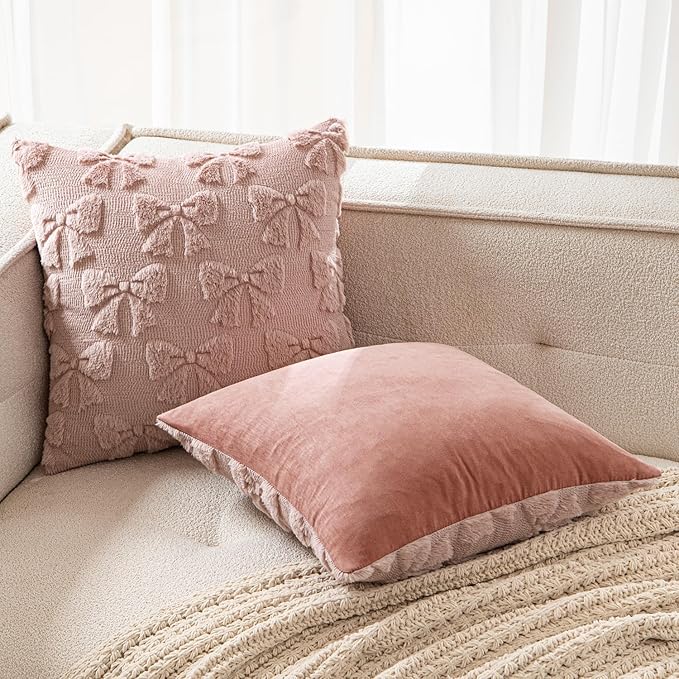 MIULEE Blush Pink Bow Pillow Covers Coquette Room Decor Aesthetic Set of 2 Decorative Cute Girl Vlentine Pillow Covers Spring Soft Plush Faux Pillowcase for Preppy Room Decor Bedroom Couch,18x18 Inch