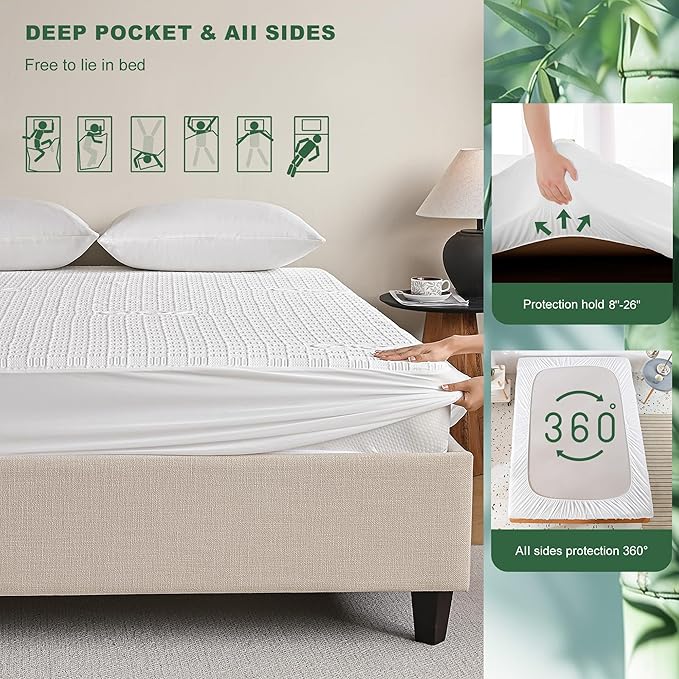 GRT Full Waterproof Mattress Protector, Rayon Made from Bamboo Mattress Cover, Breathable Cooling Soft Mattress Protector, Machine Washable Mattress Pad with 8''- 26'' Deep Pocket