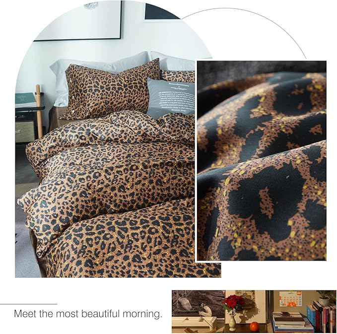 LifeTB Cotton Leopard Print Duvet Cover Queen Bedding Set Luxury Soft 100% Long Staple Cotton Duvet Cover Boho Leopard Pattern Comforter Cover 3 Pieces Modern Style Bedding Duvet Cover Set