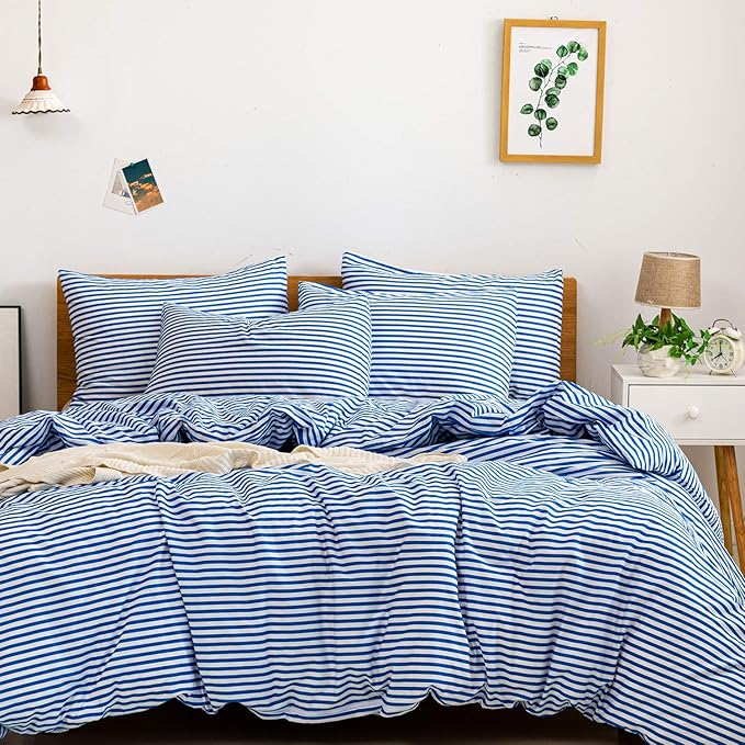 JELLYMONI 100% Natural Cotton 3pcs Striped Duvet Cover Sets,White Duvet Cover with Blue Stripes Pattern Printed Comforter Cover,with Zipper Closure & Corner Ties(King Size)