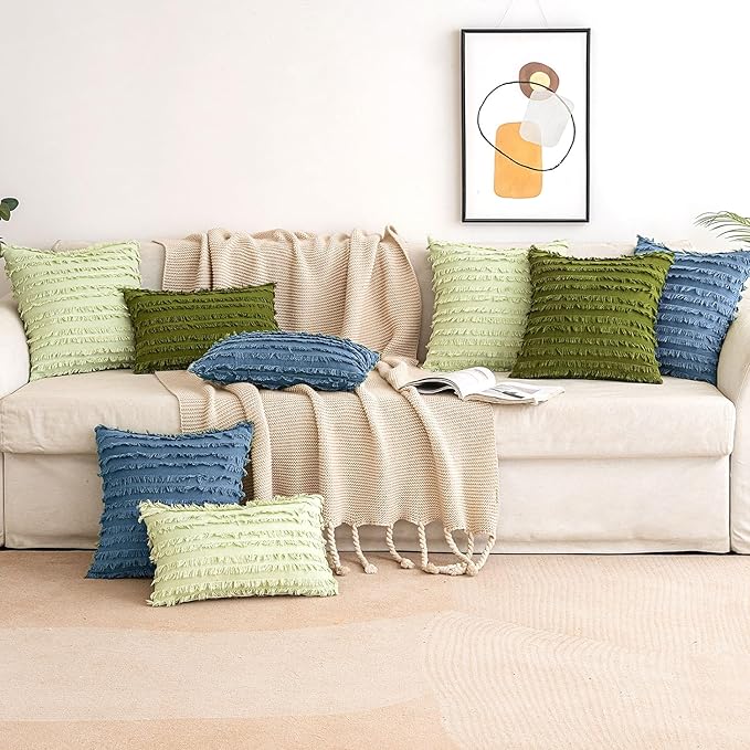 MIULEE Set of 2 Decorative Boho Throw Pillow Covers Linen Striped Jacquard Pattern Cushion Covers for Sofa Couch Living Room Bedroom 18x18 Inch Dark Blue