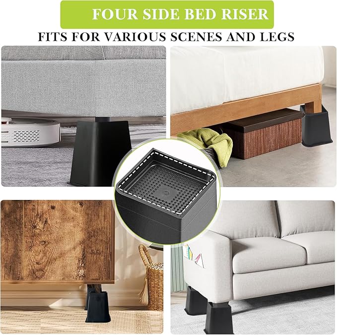 Bed Risers 2 inch, 3 inch, 4 inch, 6 inch, 8 inch Heavy Duty, Oversized Furniture Riser for Couch Sofa Table Chair Leg Frame Dorm, Support up to 6000 Lbs (Black Full 4 Pack, 6 inch)