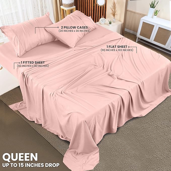 Utopia Bedding Queen Size Sheet Set – 4 Piece Bed Sheets, Soft and Breathable Microfiber, Includes 1 Fitted Sheet, 1 Flat Sheet and 2 Pillowcases – Oeko Tex (Tea Pink)